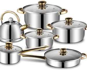 Premium Stainless Steel Cookware Set with Glass Lids featuring polished stainless steel pots, pans, and kettle with gold-tone handles