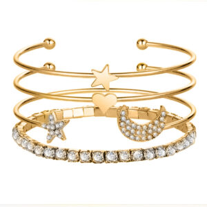 Stunning 4Pcs Fashion Crystal Gold Plated Bracelet Set: Heart, Star, Moon | Shop Now!