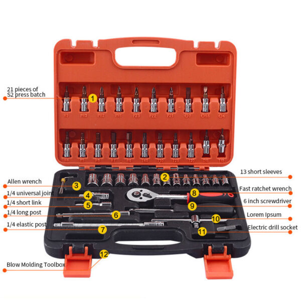 Compact and Portable 46-Piece Socket Hand Tool Set with Plastic Case - Image 2