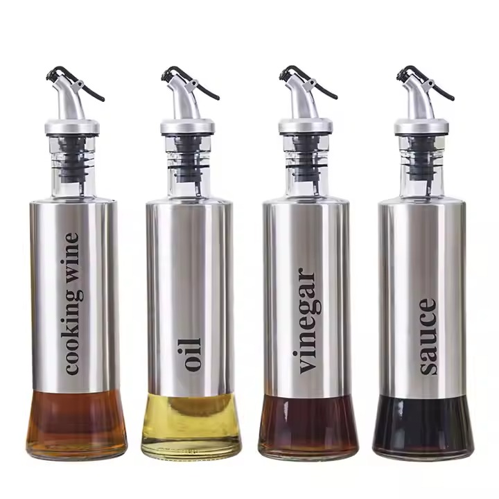 Glass oil and vinegar dispenser bottle for kitchen use